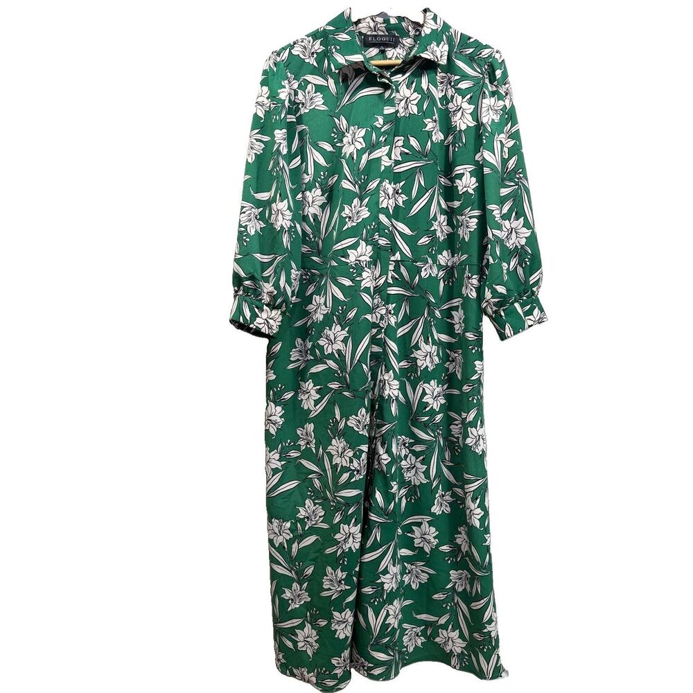 ELOQUII Womens Size 16 Green Beige Floral Collared Long Sleeves Maxi Dress